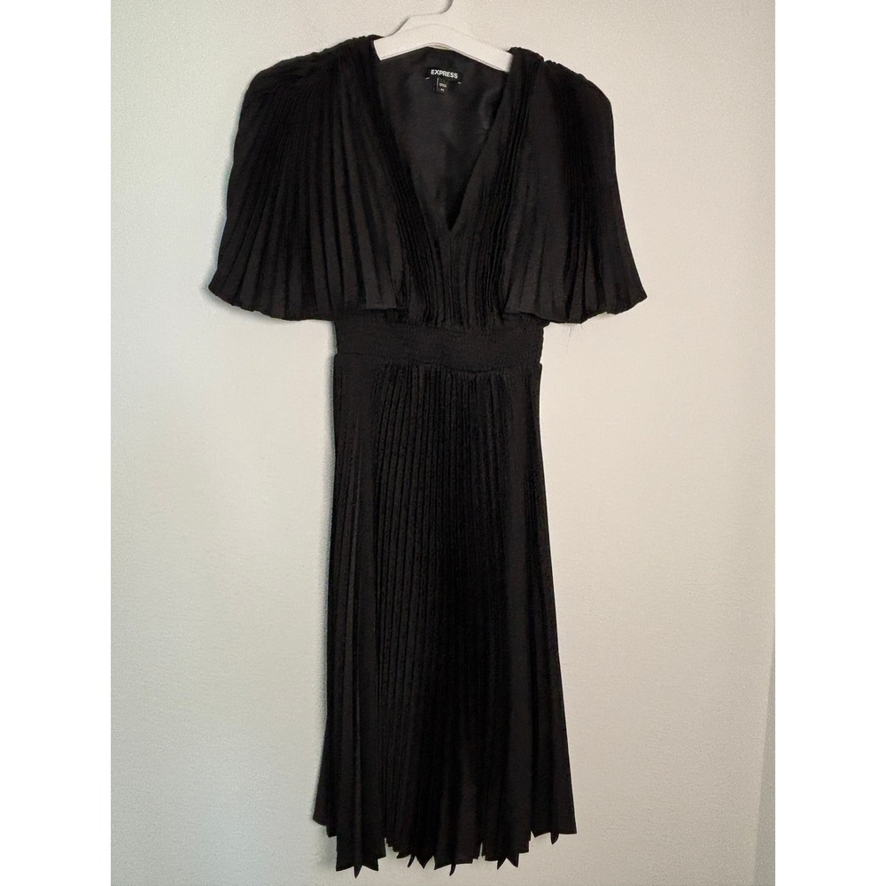 Express Black Pleated V-Neck Midi Dress Smocked‎ Waist Flutter Sleeve XS